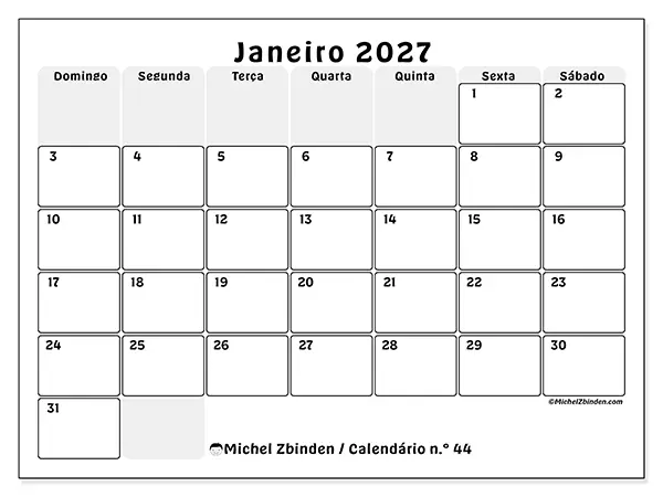 Calendário de janeiro de 2027 para imprimir - Planeamento estruturado - Semana de domingo a sábado