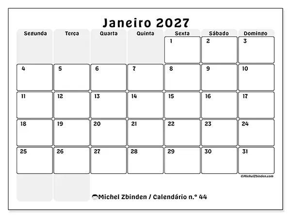 Calendário de janeiro de 2027 para imprimir - Planeamento estruturado