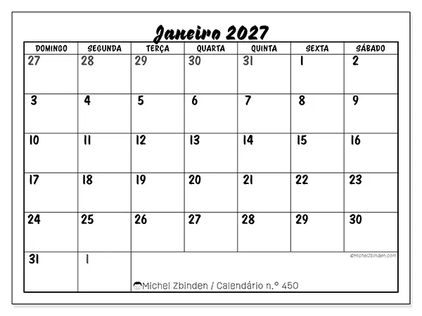 Calendário de janeiro de 2027 para imprimir - Organização detalhada - Semana de domingo a sábado