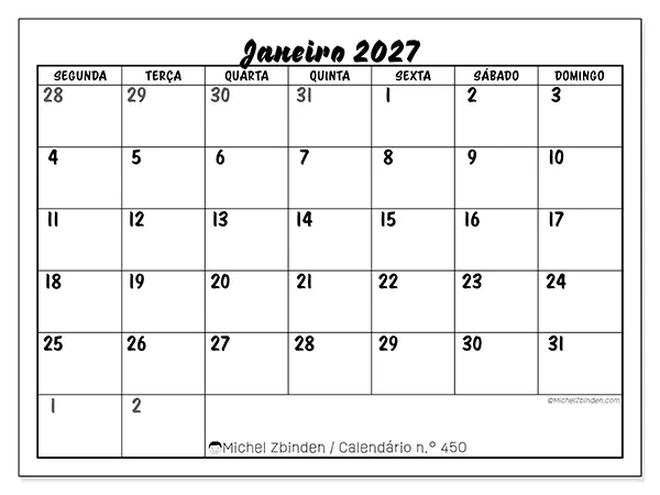 Calendário de janeiro de 2027 para imprimir - Organização detalhada