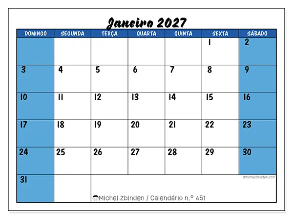 Calendário de janeiro de 2027 para imprimir - Organização dinâmica - Semana de domingo a sábado