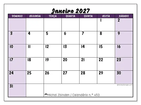 Calendário de janeiro de 2027 para imprimir - Eficiência colorida - Semana de domingo a sábado