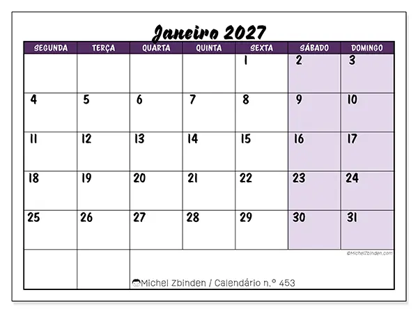 Calendário de janeiro de 2027 para imprimir - Eficiência colorida