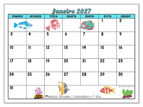 Calendário de janeiro de 2027 para imprimir - Peixes coloridos - Semana de domingo a sábado