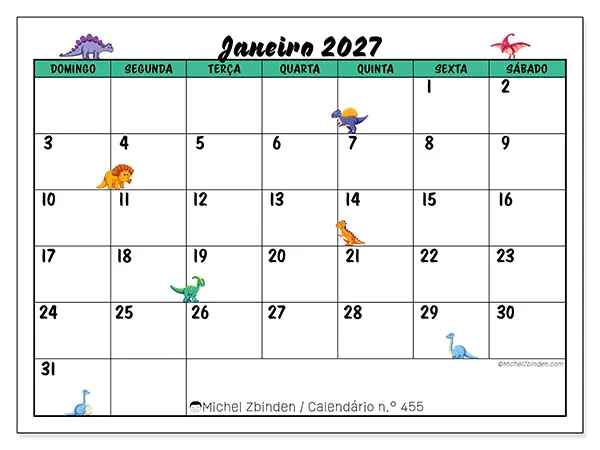 Calendário de janeiro de 2027 para imprimir - Pequenos dinossauros - Semana de domingo a sábado
