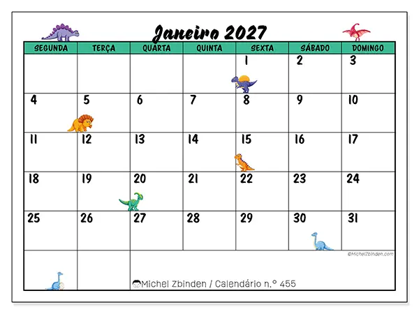 Calendário de janeiro de 2027 para imprimir - Pequenos dinossauros