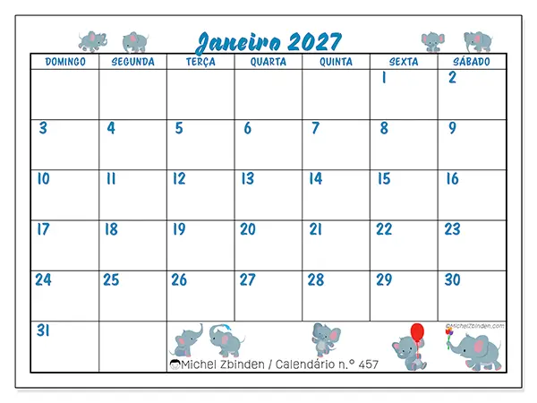 Calendário de janeiro de 2027 para imprimir - Pequenos elefantes - Semana de domingo a sábado