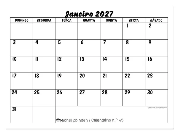 Calendário de janeiro de 2027 para imprimir - Sucesso escolar - Semana de domingo a sábado