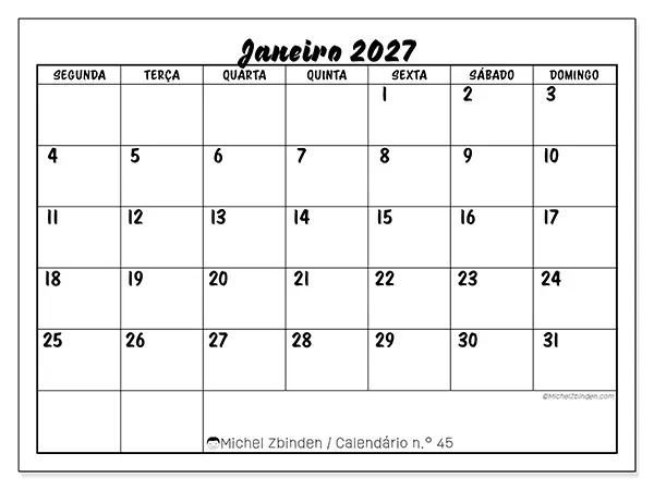 Calendário de janeiro de 2027 para imprimir - Sucesso escolar