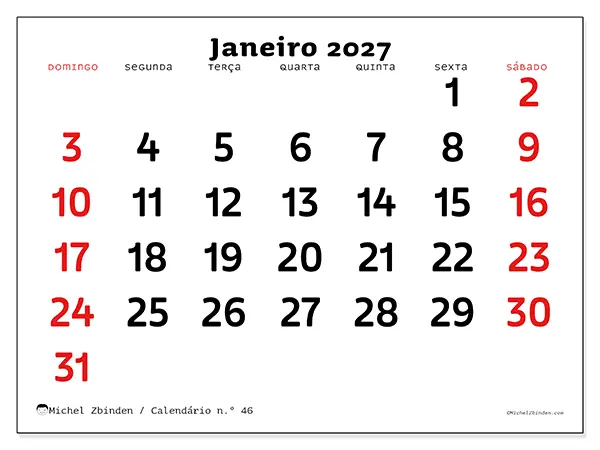 Calendário de janeiro de 2027 para imprimir - Visão clara - Semana de domingo a sábado