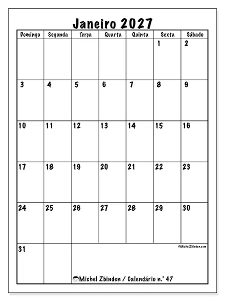 Calendário de janeiro de 2027 para imprimir - Planeamento eficiente - Semana de domingo a sábado