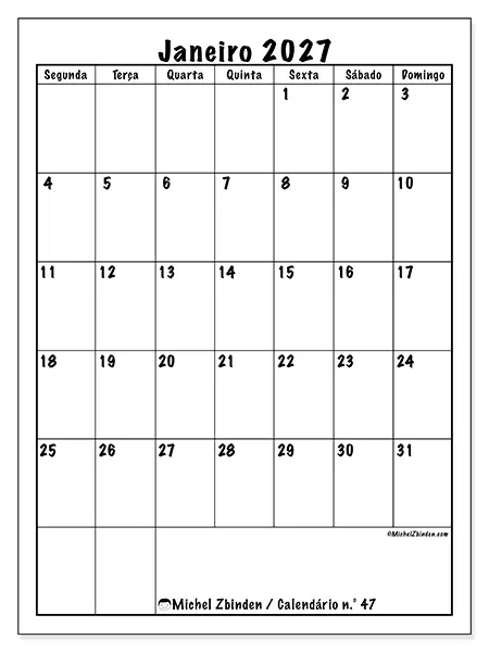 Calendário de janeiro de 2027 para imprimir - Planeamento eficiente