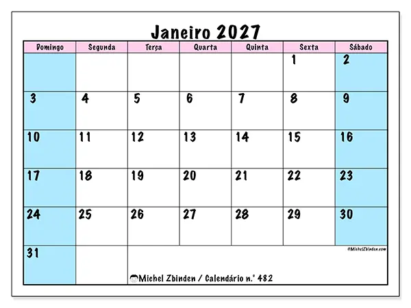 Calendário de janeiro de 2027 para imprimir - Horário de equipa - Semana de domingo a sábado