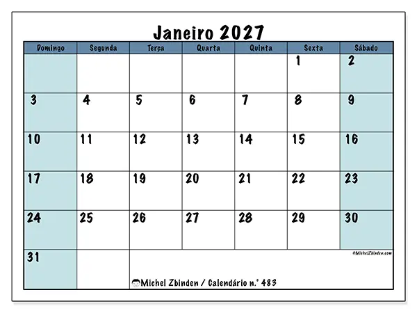 Calendário de janeiro de 2027 para imprimir - Estrutura para a escola - Semana de domingo a sábado