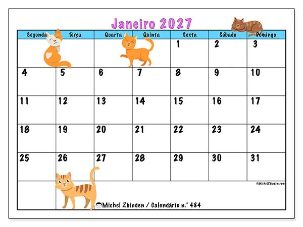 Calendário de janeiro de 2027 para imprimir - Amor pelos gatos