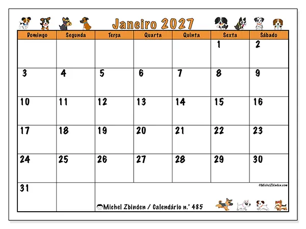 Calendário de janeiro de 2027 para imprimir - Cães entusiasmados - Semana de domingo a sábado