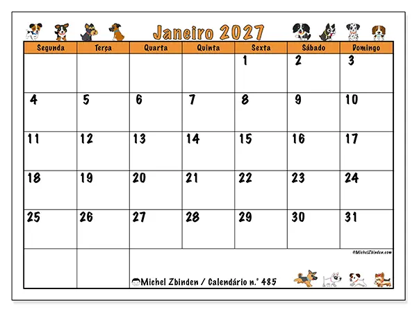 Calendário de janeiro de 2027 para imprimir - Cães entusiasmados