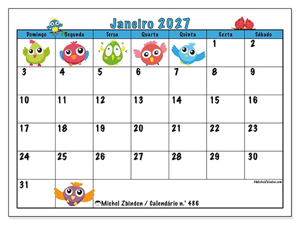 Calendário de janeiro de 2027 para imprimir - Pássaros divertidos - Semana de domingo a sábado