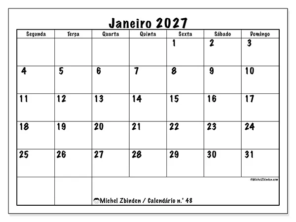 Calendário de janeiro de 2027 para imprimir - Eficiência diária