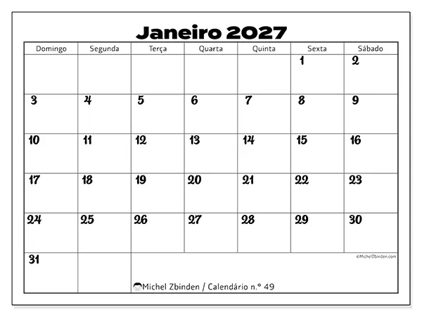 Calendário de janeiro de 2027 para imprimir - Coordenação produtiva - Semana de domingo a sábado