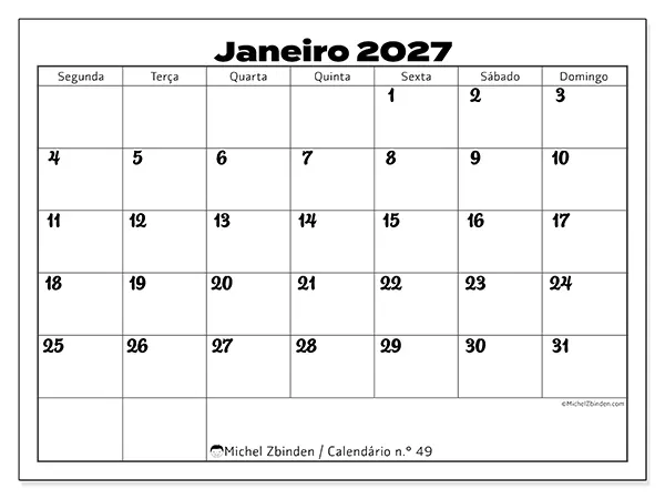 Calendário de janeiro de 2027 para imprimir - Coordenação produtiva