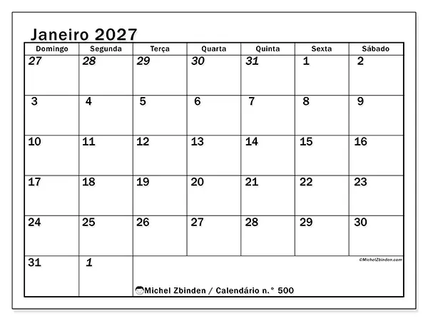 Calendário de janeiro de 2027 para imprimir - Planeamento intensivo - Semana de domingo a sábado