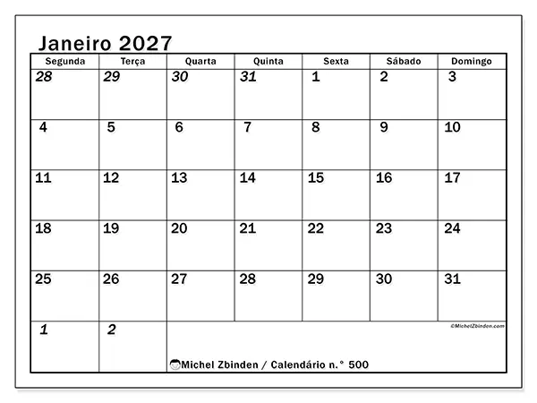 Calendário de janeiro de 2027 para imprimir - Planeamento intensivo