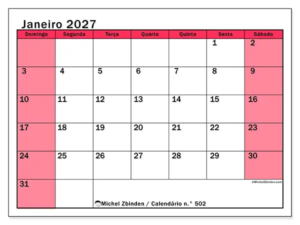Calendário de janeiro de 2027 para imprimir - Gestão luminosa - Semana de domingo a sábado