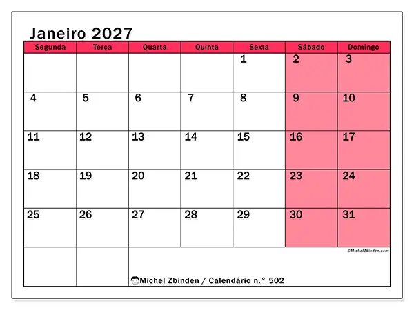 Calendário de janeiro de 2027 para imprimir - Gestão luminosa