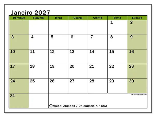 Calendário de janeiro de 2027 para imprimir - Organização viva - Semana de domingo a sábado