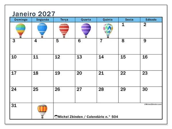 Calendário de janeiro de 2027 para imprimir - Balões de ar quente - Semana de domingo a sábado