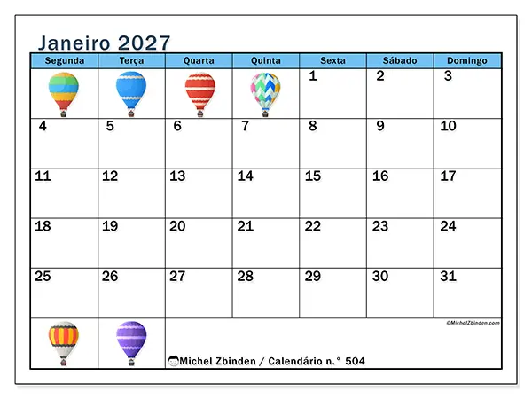 Calendário de janeiro de 2027 para imprimir - Balões de ar quente