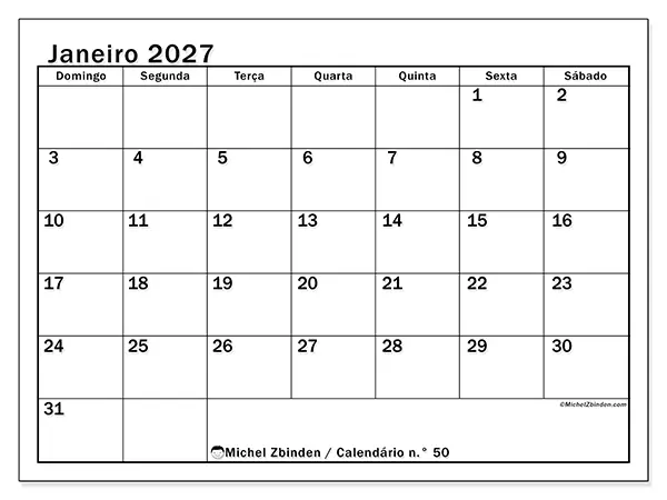Calendário de janeiro de 2027 para imprimir - Planeamento ideal - Semana de domingo a sábado