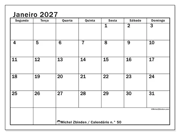 Calendário de janeiro de 2027 para imprimir - Planeamento ideal