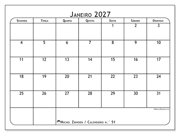 Calendário de janeiro de 2027 para imprimir - Planeador de refeições
