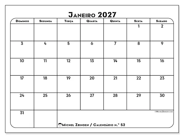 Calendário de janeiro de 2027 para imprimir - Organização profissional - Semana de domingo a sábado