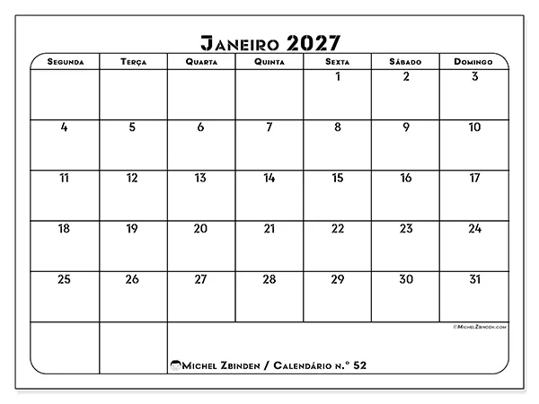 Calendário de janeiro de 2027 para imprimir - Organização profissional