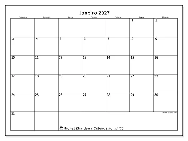 Calendário de janeiro de 2027 para imprimir - Horário eficiente - Semana de domingo a sábado
