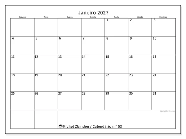 Calendário de janeiro de 2027 para imprimir - Horário eficiente