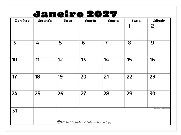 Calendário de janeiro de 2027 para imprimir - Atividades em família - Semana de domingo a sábado