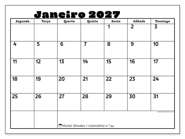 Calendário de janeiro de 2027 para imprimir - Atividades em família