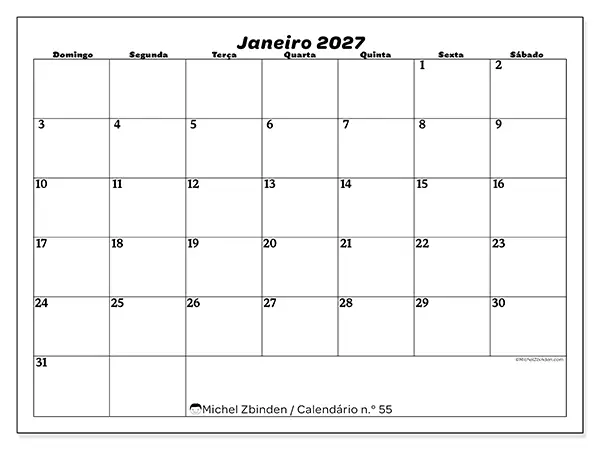 Calendário de janeiro de 2027 para imprimir - Organização do lazer - Semana de domingo a sábado