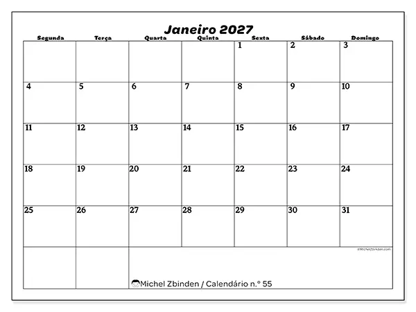 Calendário de janeiro de 2027 para imprimir - Organização do lazer