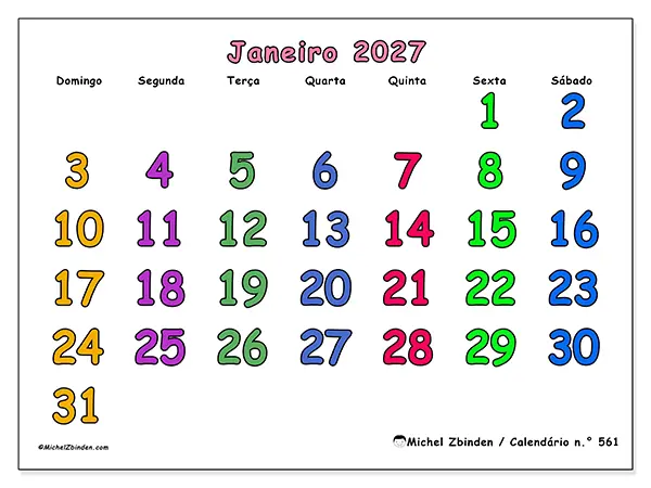 Calendário de janeiro de 2027 para imprimir - Momentos criativos - Semana de domingo a sábado