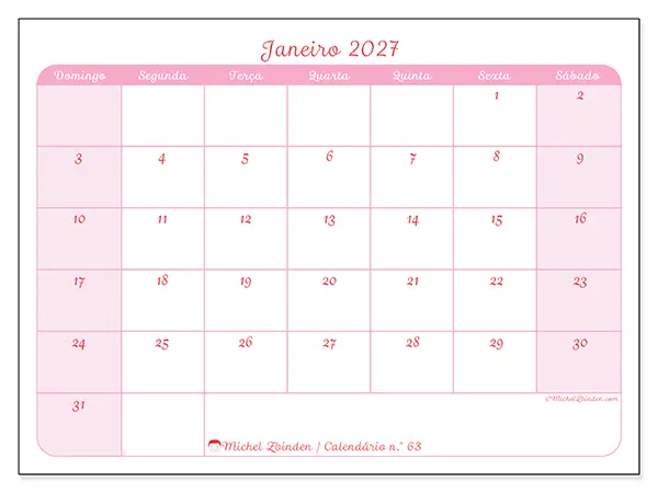 Calendário de janeiro de 2027 para imprimir - Organização suave - Semana de domingo a sábado
