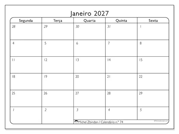 Calendário de janeiro de 2027 para imprimir - Organização do trabalho