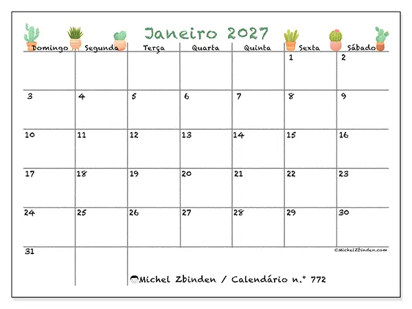 Calendário de janeiro de 2027 para imprimir - Cactos decorativos - Semana de domingo a sábado