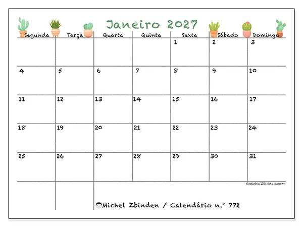 Calendário de janeiro de 2027 para imprimir - Cactos decorativos