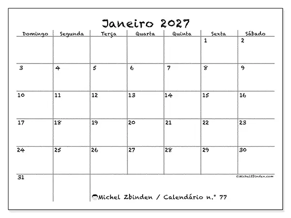 Calendário de janeiro de 2027 para imprimir - Escola e família - Semana de domingo a sábado