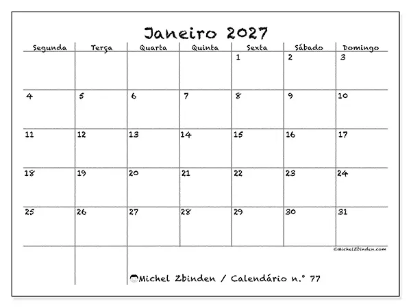 Calendário de janeiro de 2027 para imprimir - Escola e família